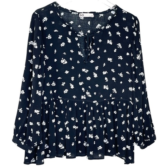 SO Floral Babydoll Blouse Womens XL Black White Excellent Peplum Rayon Tie Neck - Picture 2 of 13